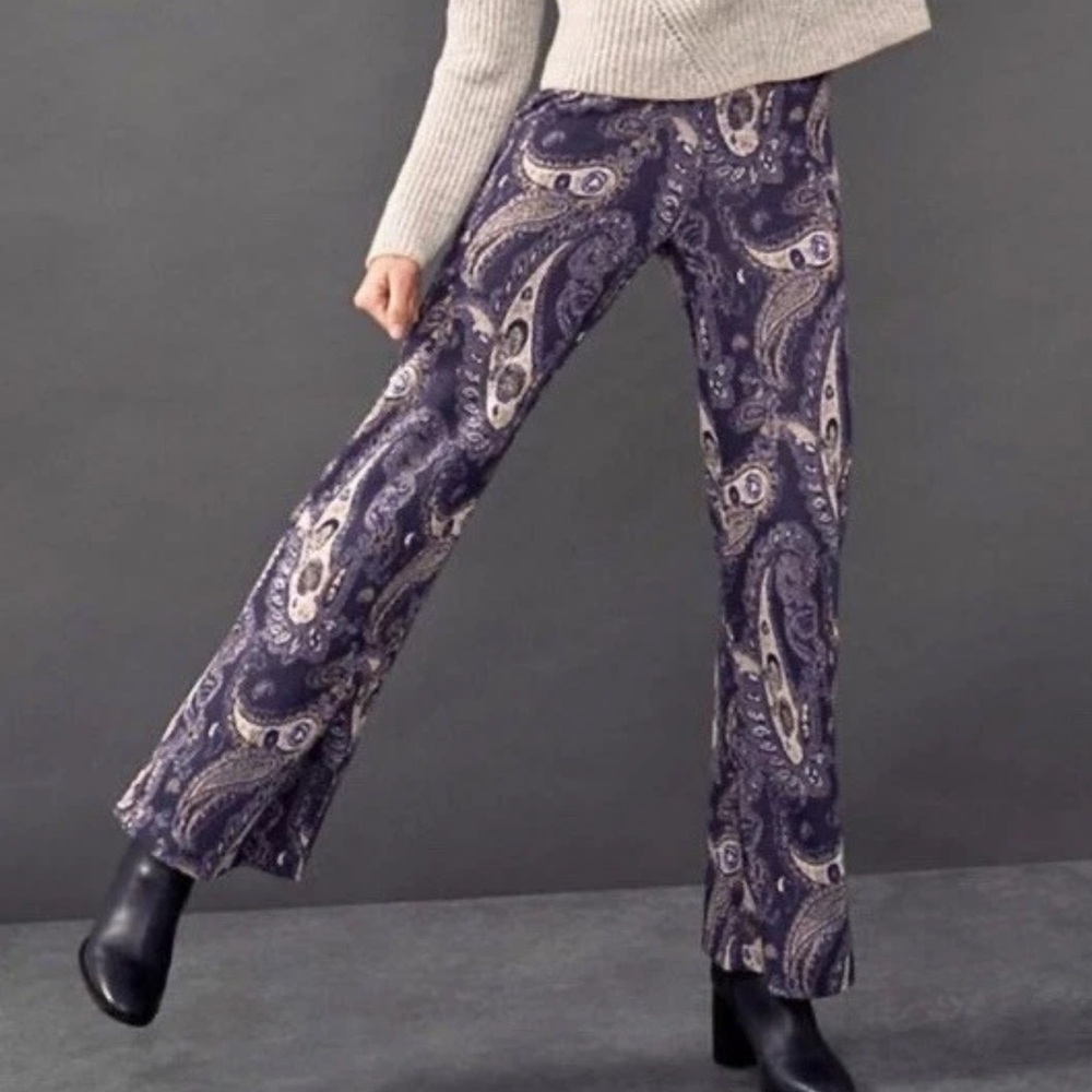 Maeve Anthropologie Maria Blue Metallic Paisley‎ Stretch Trousers Pants Size 2